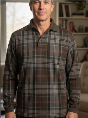 Christopher Rand Vintage
Men's Plaid long sleeve Polo Shirt olive size Small